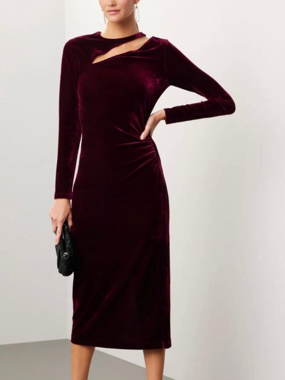 Reiss Velvet Long Sleeve Cut-Out Midi Dress in Deep Burgundy Size 12